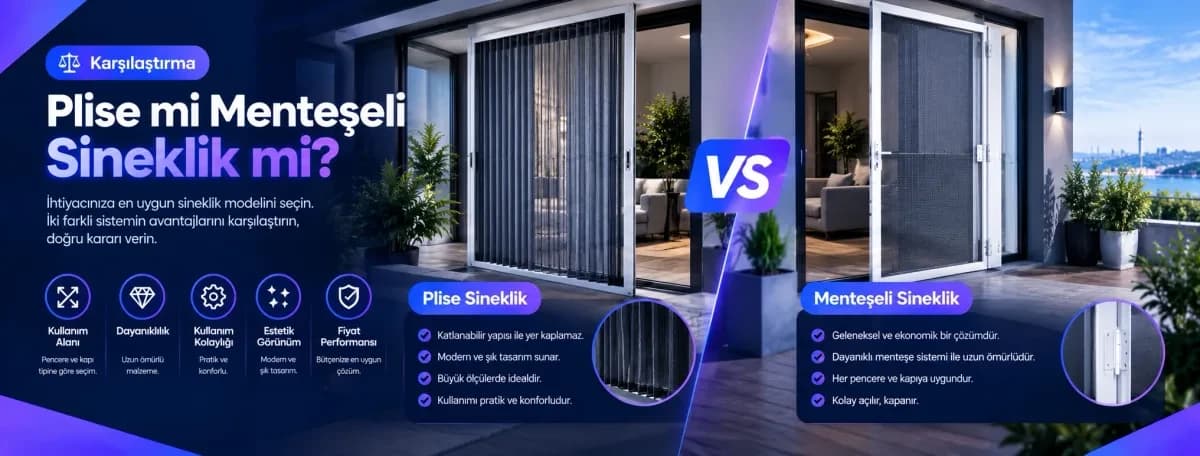 Plise sineklik ve menteşeli sineklik karşılaştırma pencere kapı